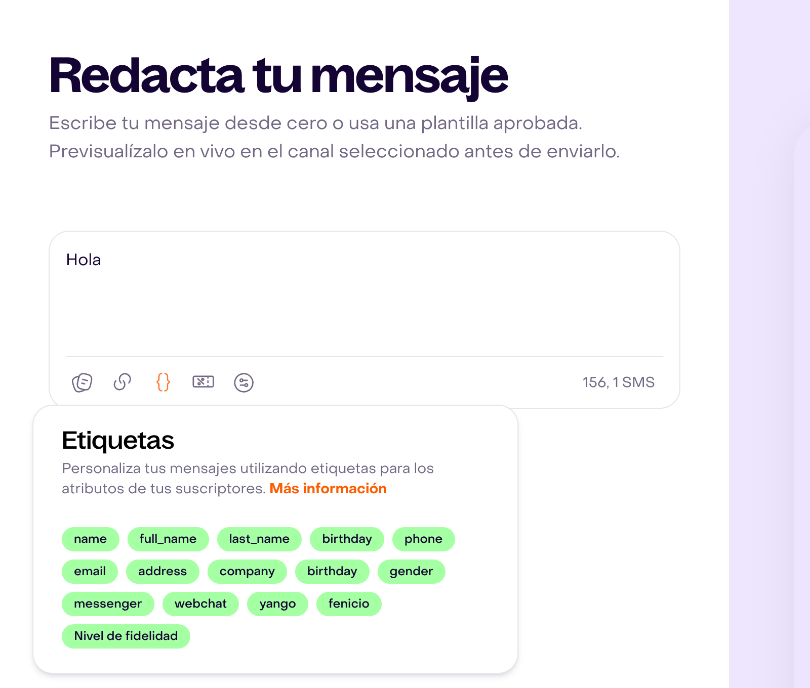 Selector de Etiquetas abierto en un editor de campaña con campos de perfil y Nivel de fidelidad.