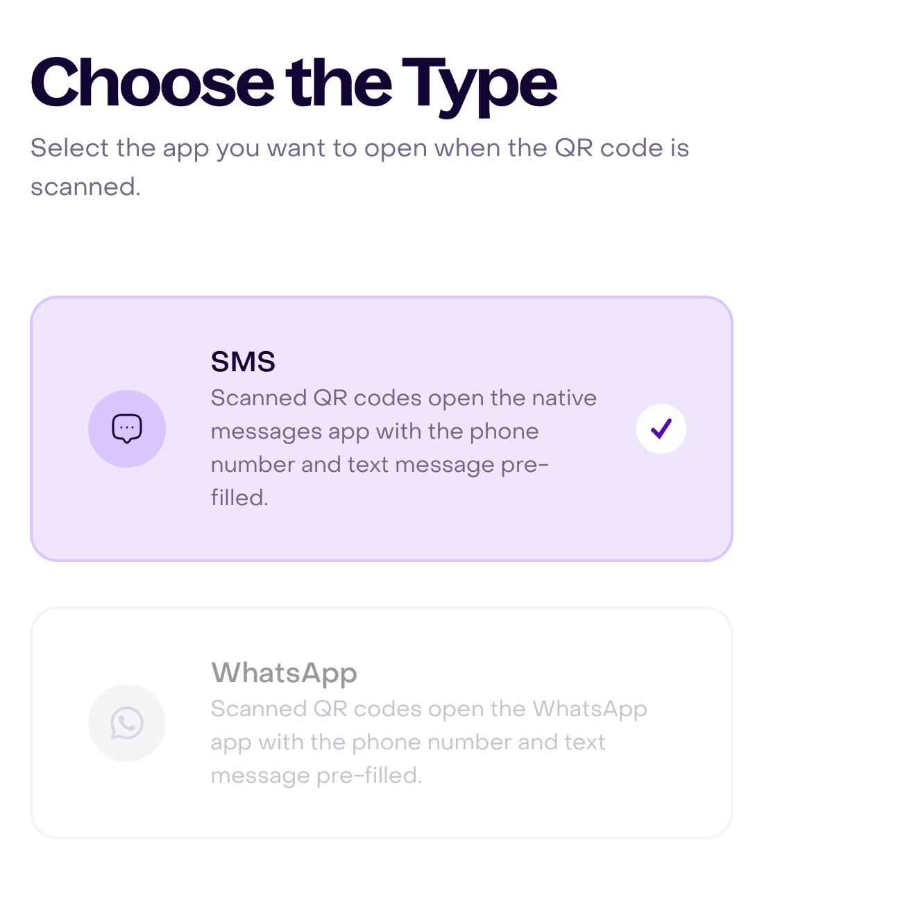 QR code type chooser: SMS selected and WhatsApp disabled in the fictional business.