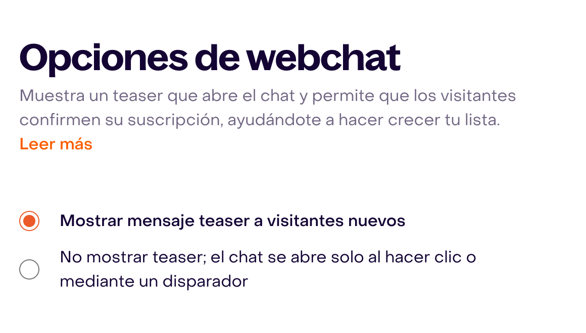 Opciones de Webchat con la opción Mostrar mensaje teaser a visitantes nuevos seleccionada y la alternativa de no mostrarlo.