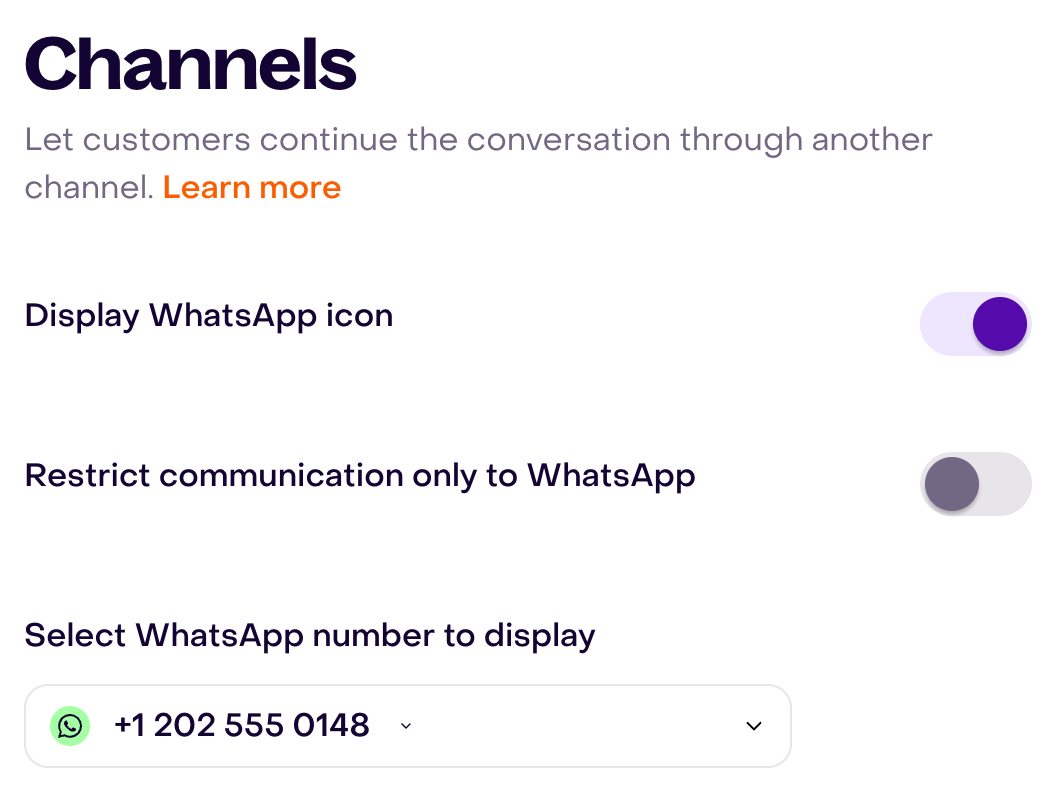 WhatsApp icon enabled with a fictional number, without restricting the chat to that channel.