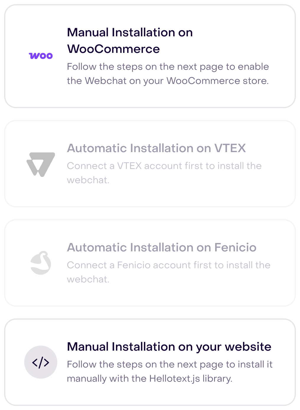 Webchat installation options and manual Hellotext.js installation description.