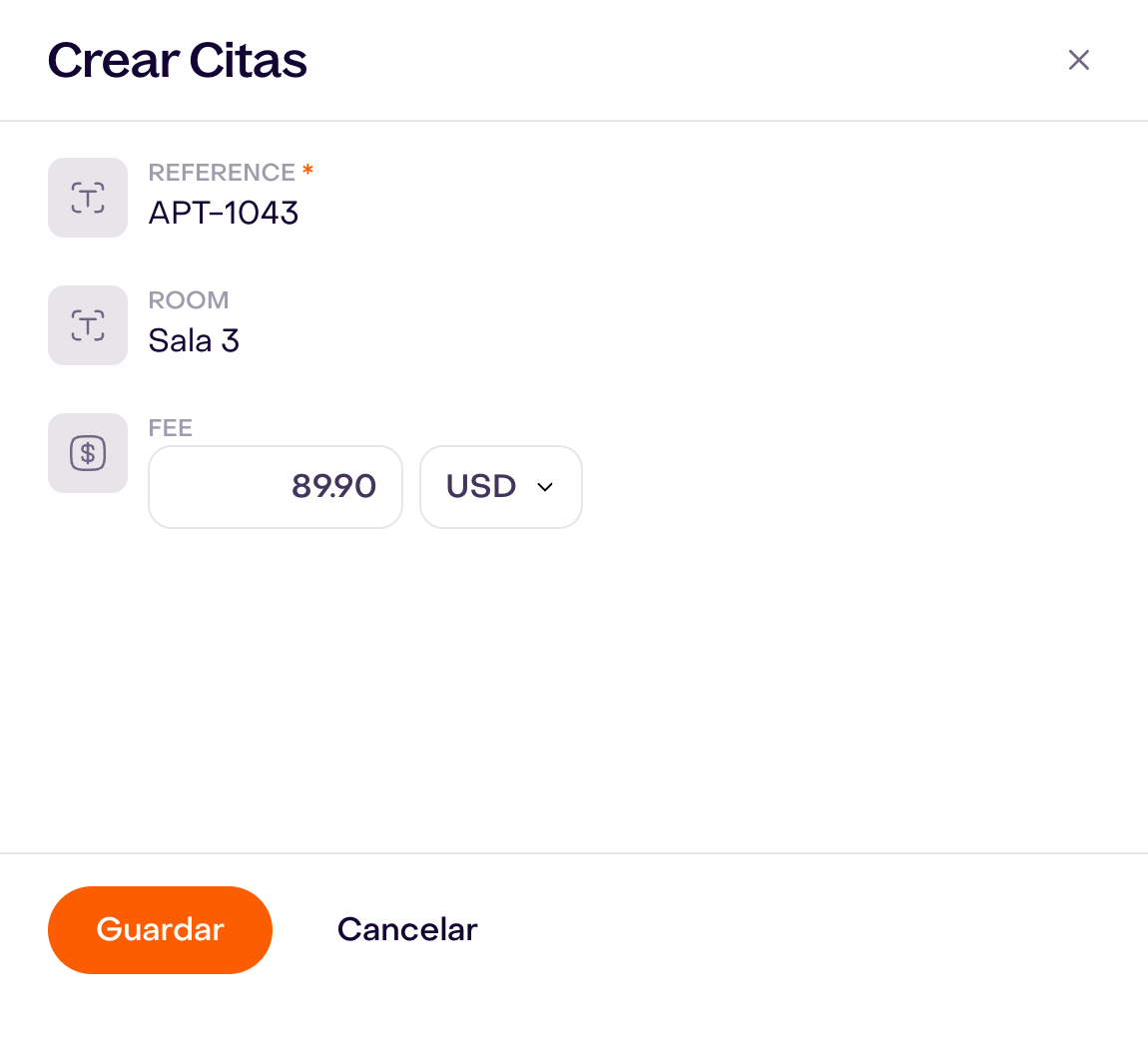 Borrador Crear Citas con referencia requerida APT-1043, Sala 3 y fee 89.90 USD, sin guardar.