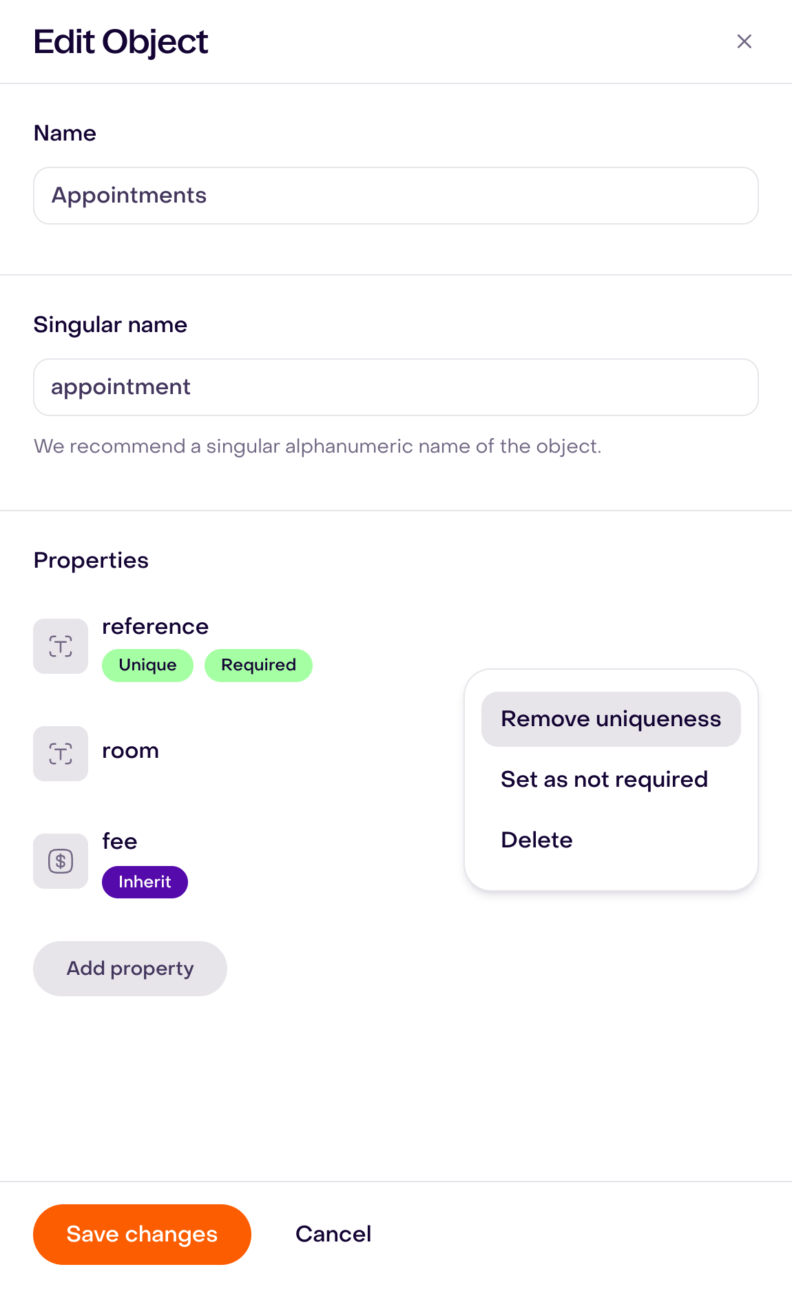 Edit Object Appointments: reference has Unique and Required; its menu allows removing those rules.