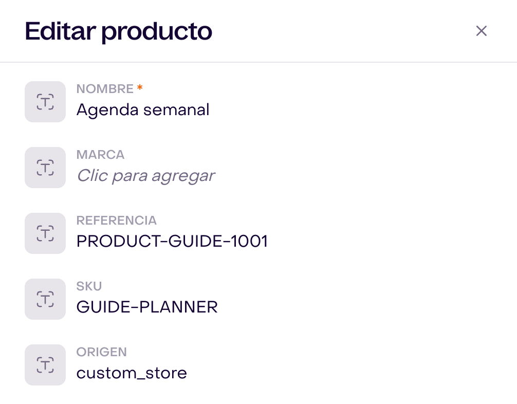 Editar producto ficticio Agenda semanal con referencia, SKU y origen custom_store; no es un catálogo publicado.
