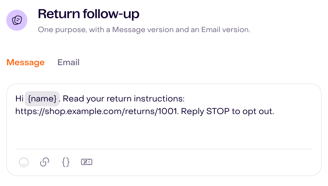 Actual Message editor with an unsaved fictional return follow-up, name tag, and complete URL.