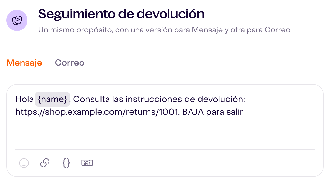 Editor Mensaje con texto de devolución ficticio, etiqueta name sin resolver y URL de ejemplo; borrador sin guardar.