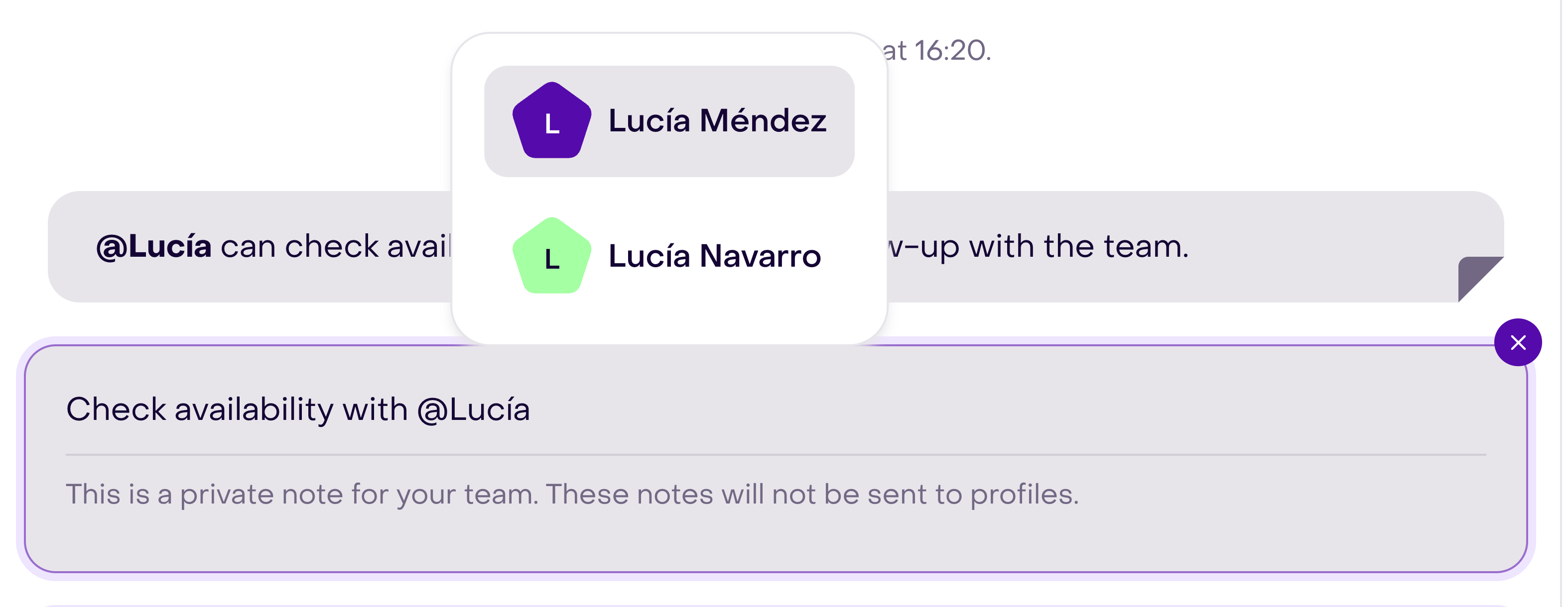 Private-note draft with the teammate picker for adding a mention.