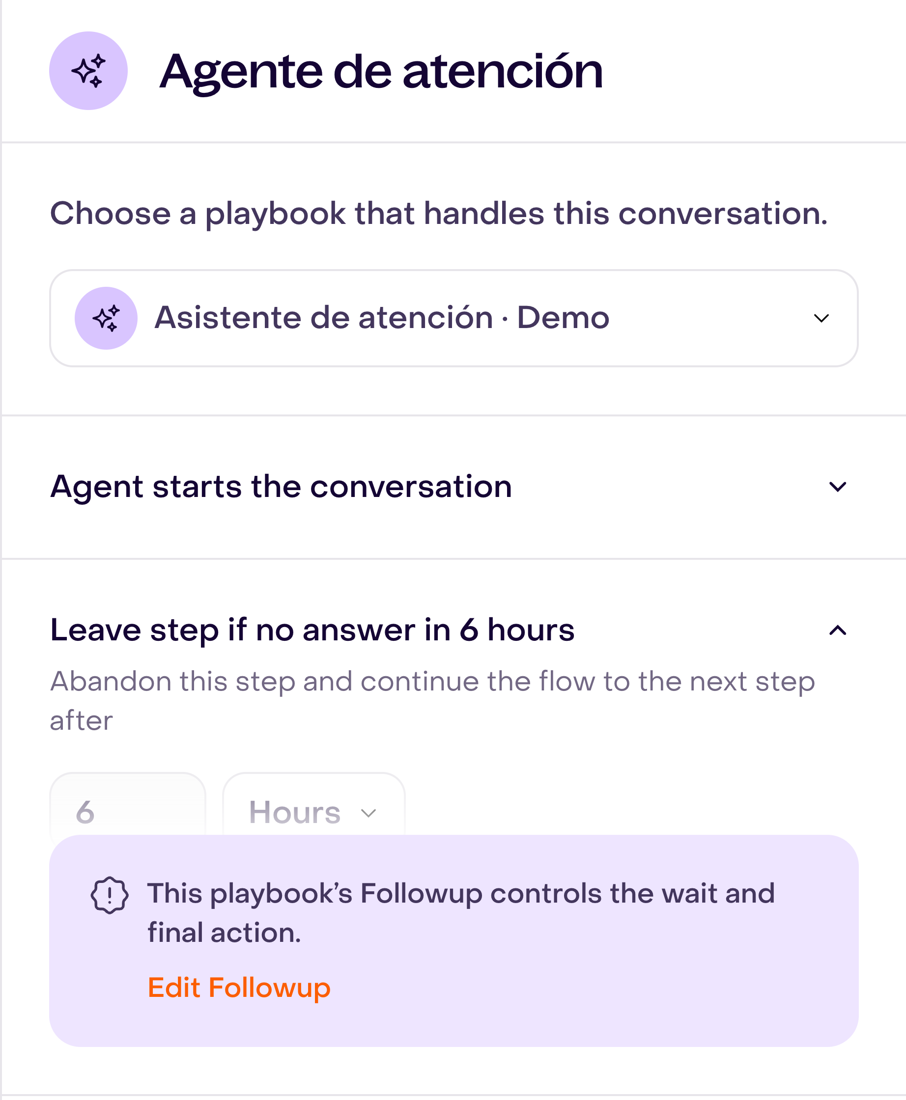 Disabled six-hour wait in the Agent step, with the Followup notice and Edit Followup link.