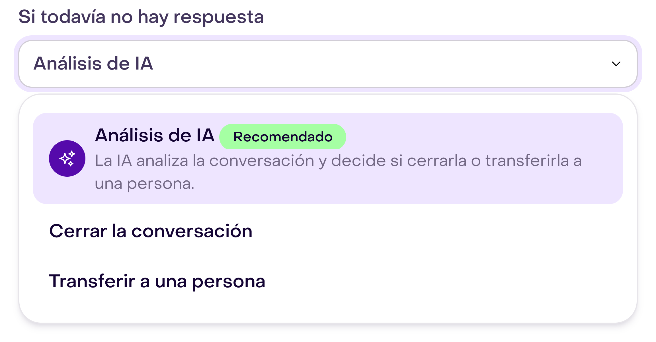Menú de acción final con Análisis de IA, Cerrar la conversación y Transferir a una persona.