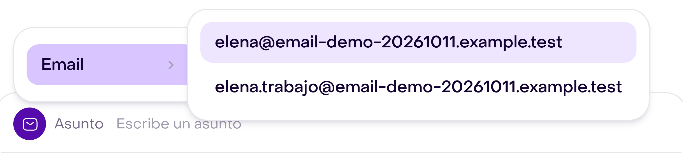 Menú Email del Inbox con dos direcciones de correo del mismo cliente de ejemplo.