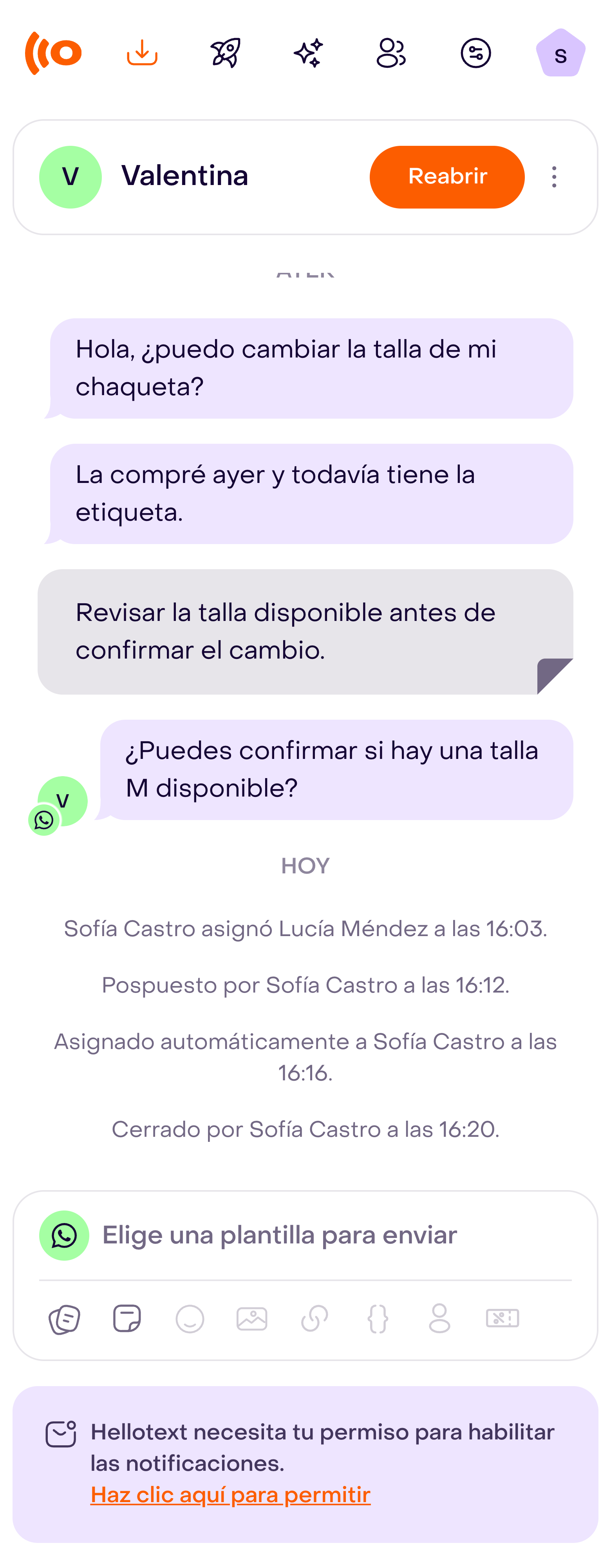 Conversación cerrada en el Inbox, con Reabrir y el registro de cierre visibles.