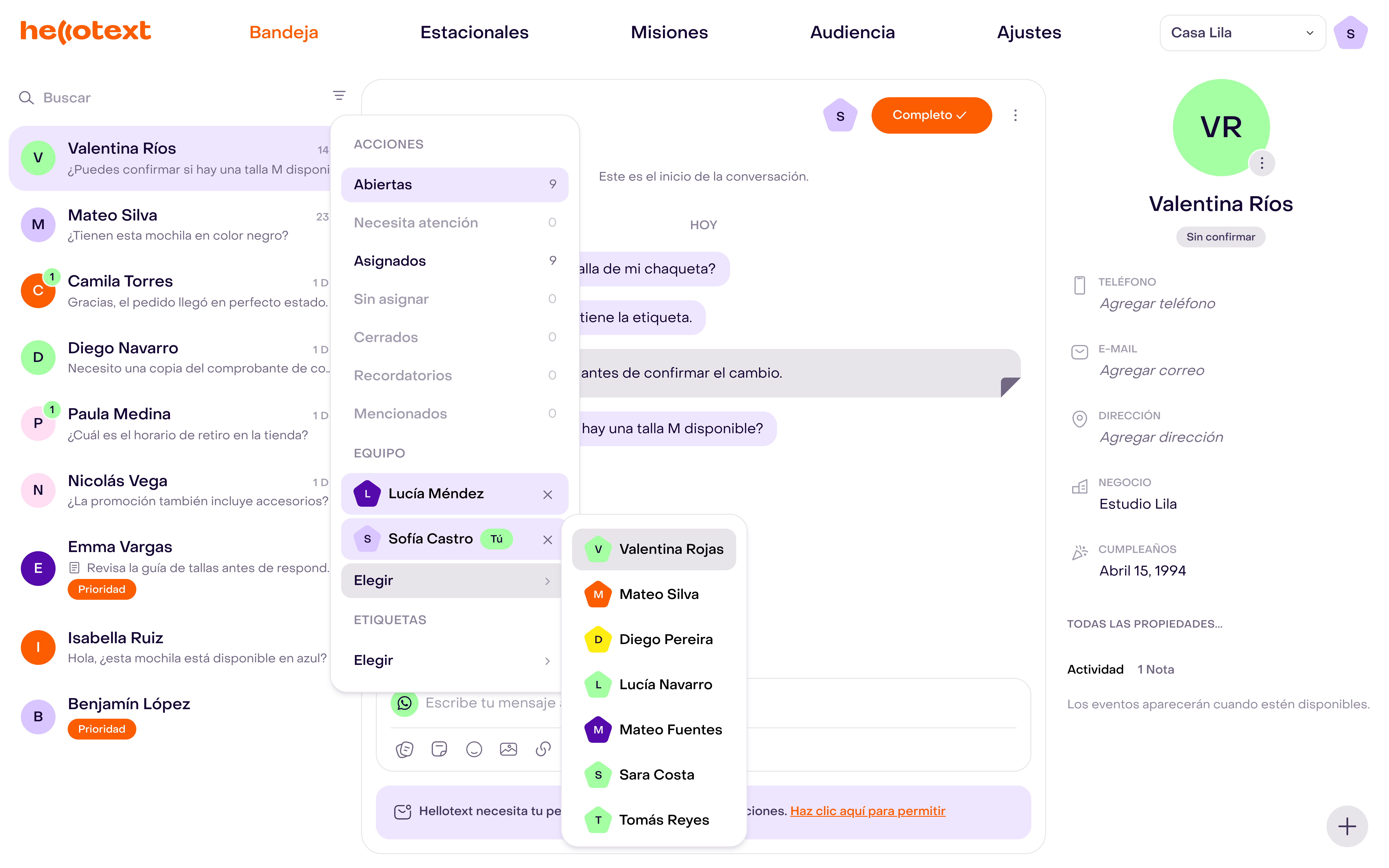 Menú Mostrar filtros del Inbox con Equipo y el selector Elegir abierto, los integrantes disponibles y la lista de conversaciones al fondo.