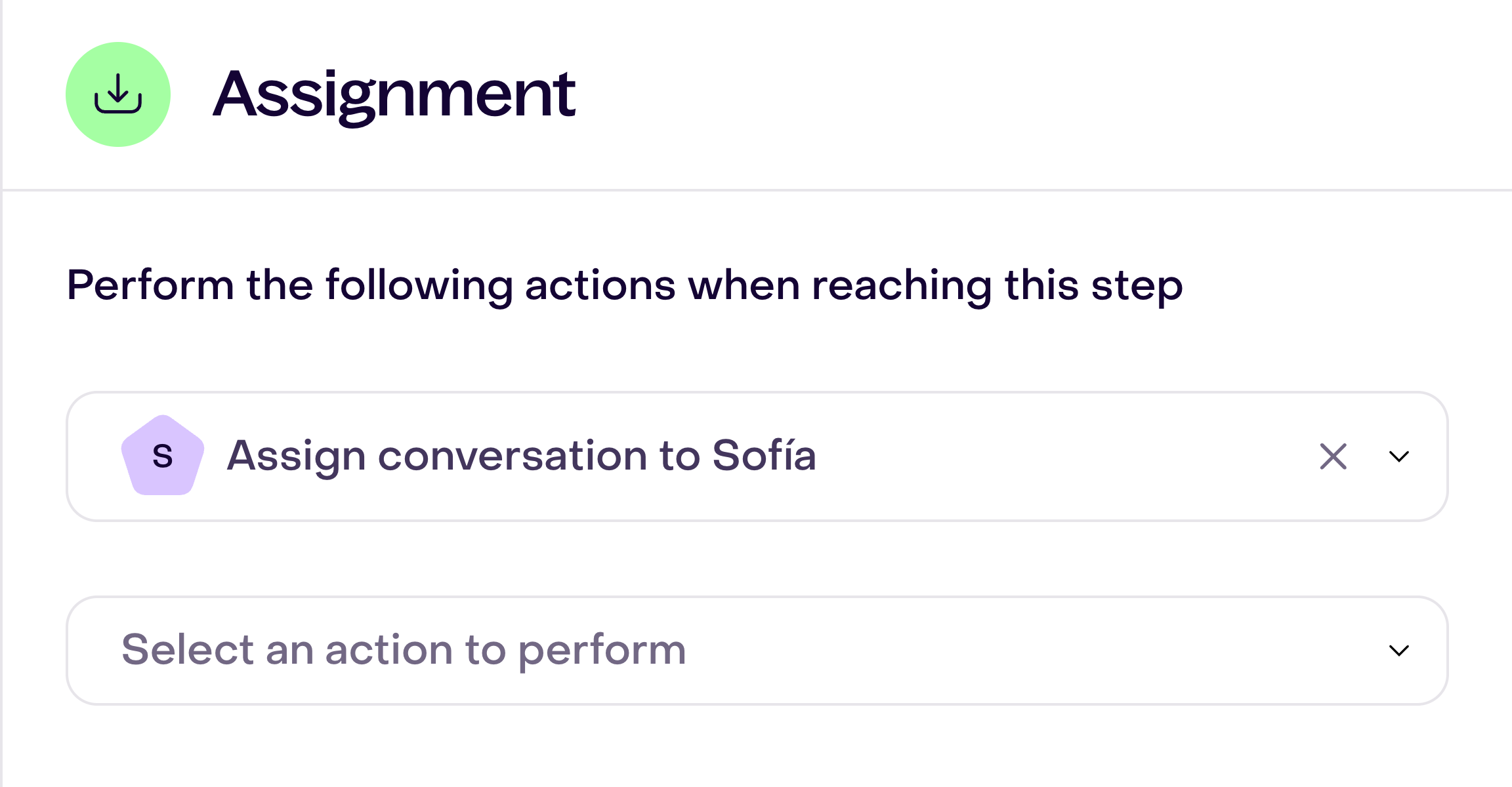 Assignment panel configured to assign the conversation to Sofía, a fictional team member.