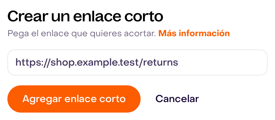 Formulario real Crear un enlace corto con URL ficticia sin agregar y botones Agregar enlace corto y Cancelar completos.