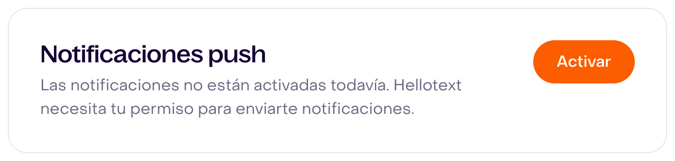 Tarjeta real Notificaciones push de la cuenta ficticia, permiso pendiente y sin suscripción, con Activar completo; no se pulsó el botón ni se solicitó permiso.