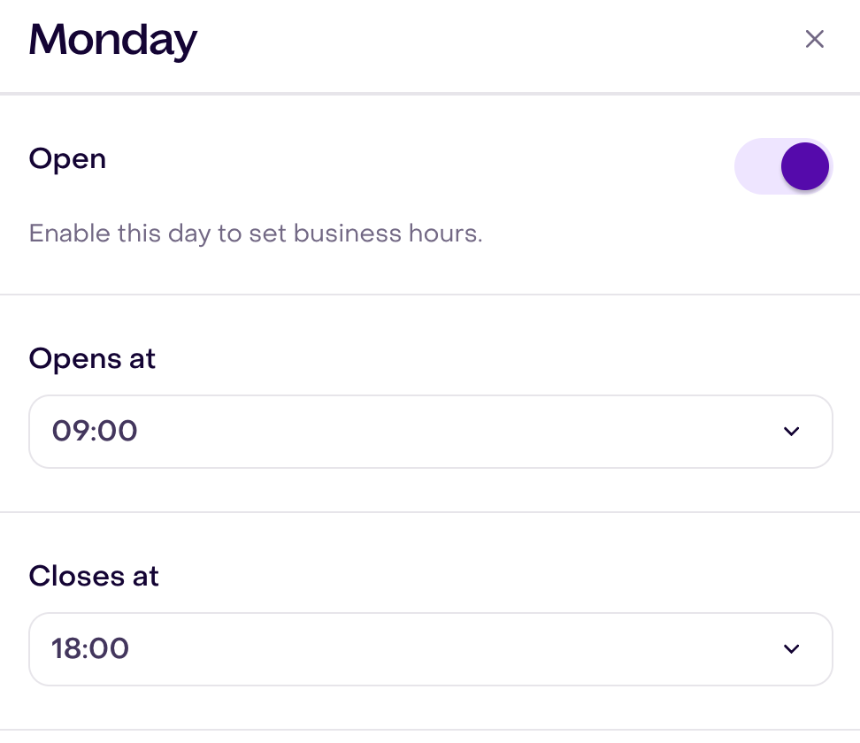 Real Monday form with Open enabled and existing 09:00–18:00 hours in a fictional account; no changes or save.